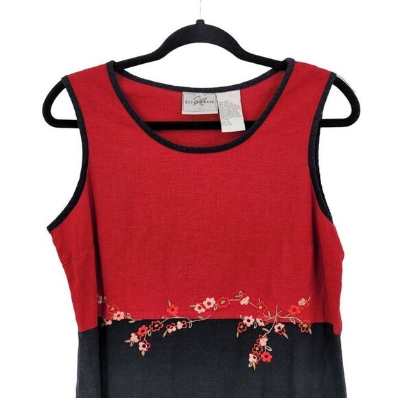 Vintage 90s Linen Sleeveless Shift Dress 10 Red Black Floral Embroidered - Picture 6 of 15